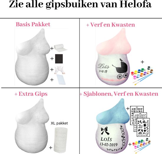 Aperçu des kits de ventre en plâtre Helofa : kit de base, kit peinture et pinceaux, kit XL et kit pochoirs, peinture et pinceaux.