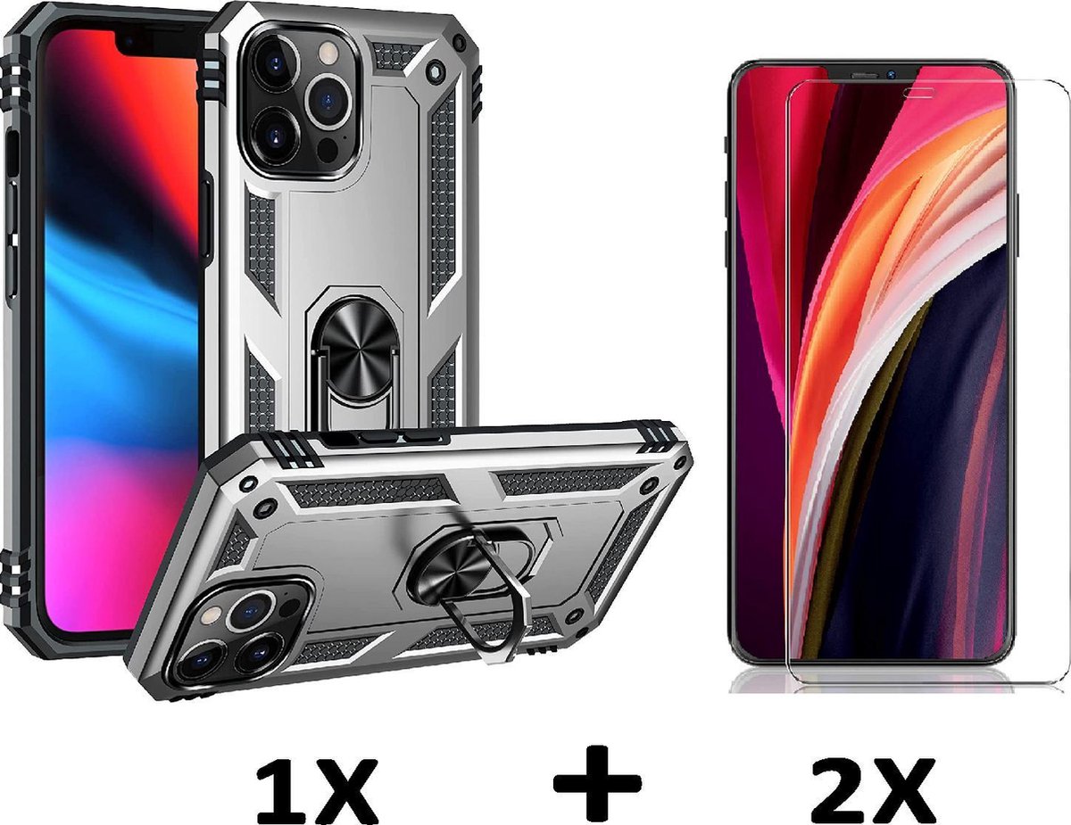 HB Hoesje Geschikt voor Apple iPhone 13 Pro - Grijs / 2X Glazen Screenprotector - Anti-Shock Hybrid Armor Back Cover - Hoes met Kickstand Ring