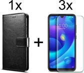 Xiaomi Redmi 9C hoesje bookcase met pasjeshouder zwart wallet portemonnee book case cover - 3x Xiaomi Redmi 9C screenprotector