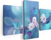 Artaza Canvas Schilderij Drieluik Blauwe Vlinder Bij Een Roze Bloem  - 90x60 - Foto Op Canvas - Canvas Print