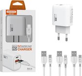 Oplader met Lightning kabel - 2 poorten – USB-C - USB-A PD Snellader 18W – Wit