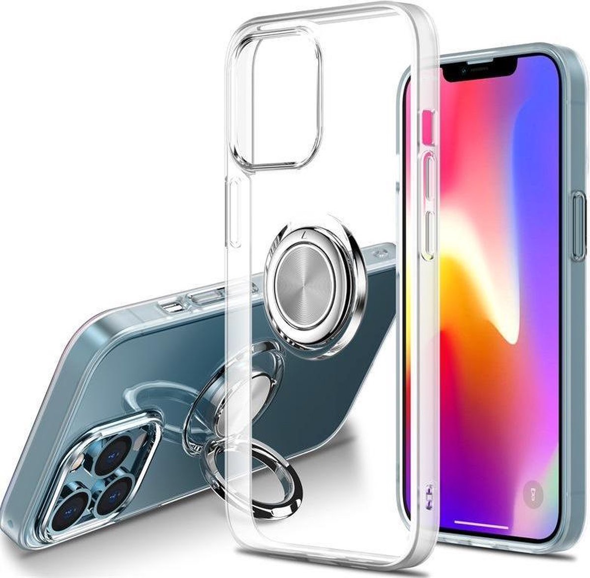 iPhone 12 Promax Hoesje - Transparante telefoonhoes met magnetische sticker en ringstandaard