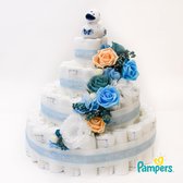 Pampertaart / Luiertaart met bloemen XL - Jongen - 58 Pampers - 4 laags - Blauw