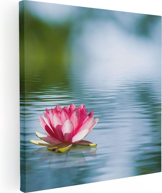 Artaza Canvas Schilderij Roze Lotusbloem Op Het Water - 90x90 - Groot - Foto Op Canvas - Canvas Print