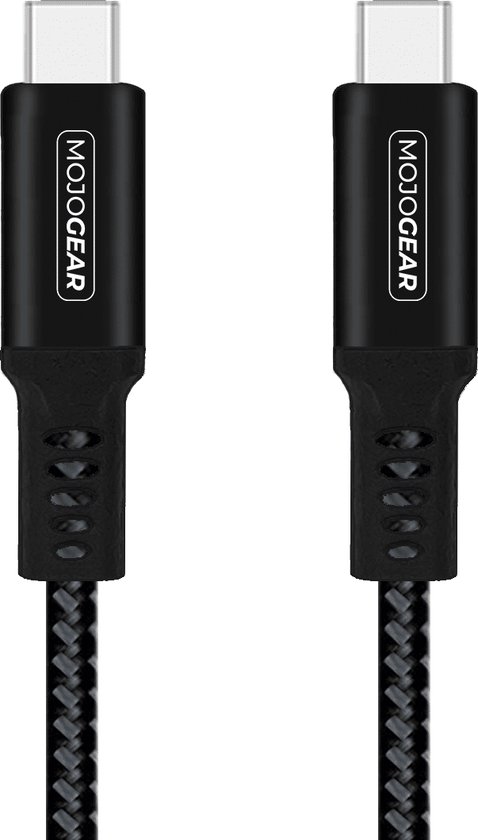 Deux câbles USB-C vers USB-C noirs avec le logo MOJOGEAR.