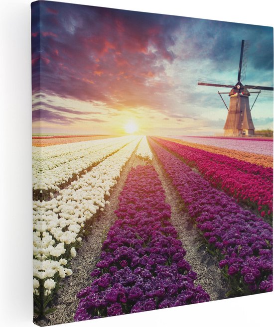 Artaza Canvas Schilderij Kleurrijke Tulpen Bloemenveld - Windmolen - 70x70 - Foto Op Canvas - Canvas Print