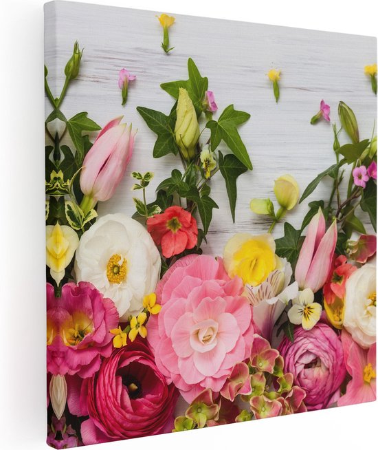 Artaza Canvas Schilderij Bloemen Op Een Witte Houten Achtergrond - 40x40 - Klein - Foto Op Canvas - Canvas Print