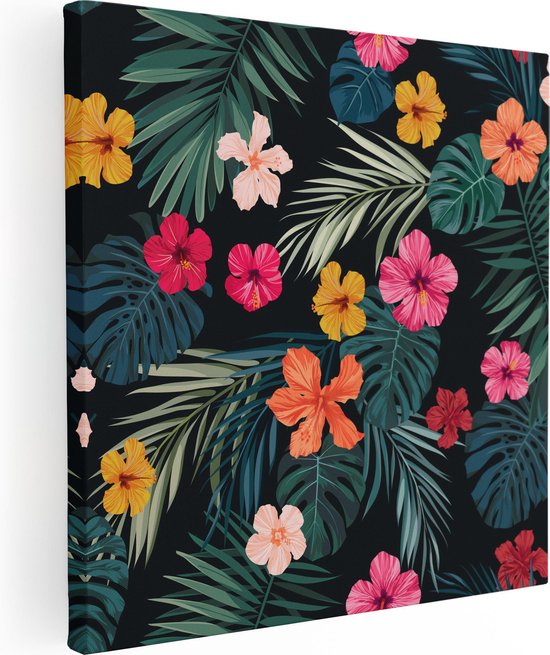 Artaza Canvas Schilderij Getekende Tropische Bloemen - Abstract - 40x40 - Klein - Foto Op Canvas - Canvas Print