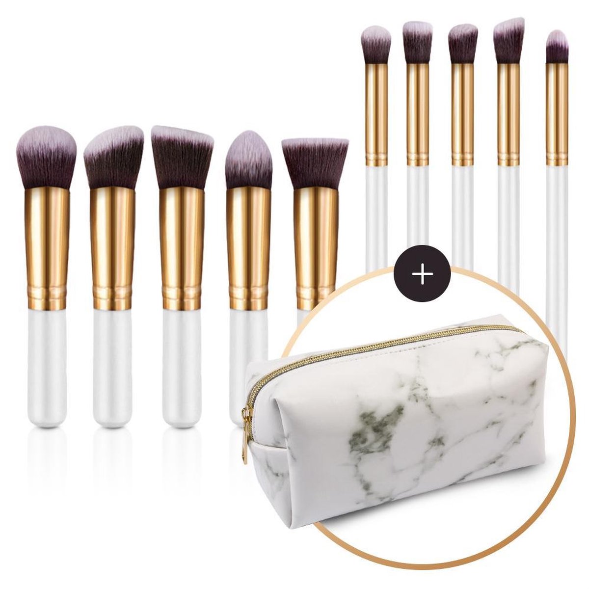 Evvie set van 10 make-up kwasten kabuki in marble etui - Wit-Goud