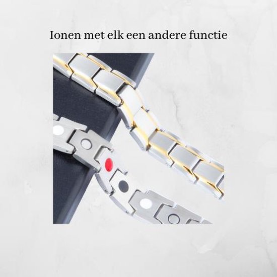 Detail van zilverkleurige schakels met gouden inzetstukken en zwarte, rode, witte cirkels.