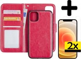 Hoes voor iPhone 12 Hoesje Case Uitneembaar Met 2x Screenprotector - Hoes voor iPhone 12 Bookcase Hoes Wallet Case Met 2x Screenprotector - Donker Roze