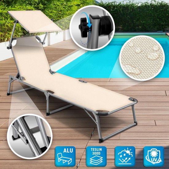 Tillvex - Aluminium ligstoel, Beige opvouwbaar met dak tuinstoel ligbed strandstoel camping
