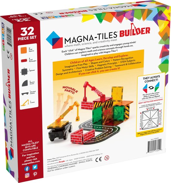 Doos van Magna-Tiles Builder 32-delige set. Toont een constructie met hijskranen, wegen, bakstenen en transparante blokken in rood, geel en groen.
