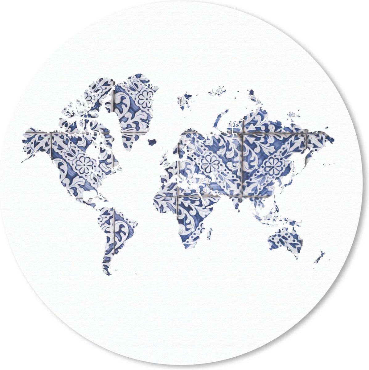 Muismat rond 40x40 cm - Mousepad Wereldkaart - Delfts Blauw - wit - Ronde muismatten