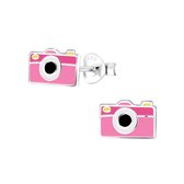 Joy|S - Zilveren fototoestel oorbellen - roze - foto camera oorknoppen