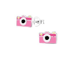 Joy|S - Zilveren fototoestel oorbellen - roze - foto camera oorknoppen