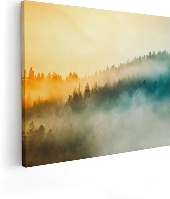 Artaza Canvas Schilderij Kleurrijke Zonsopgang In Het Bos Met Mist - 50x40 - Foto Op Canvas - Canvas Print