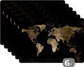 Placemat - Placemats kunststof - Wereldkaart - Zwart - Goud - 45x30 cm - 6 stuks - Hittebestendig - Anti-Slip - Onderlegger - Afneembaar