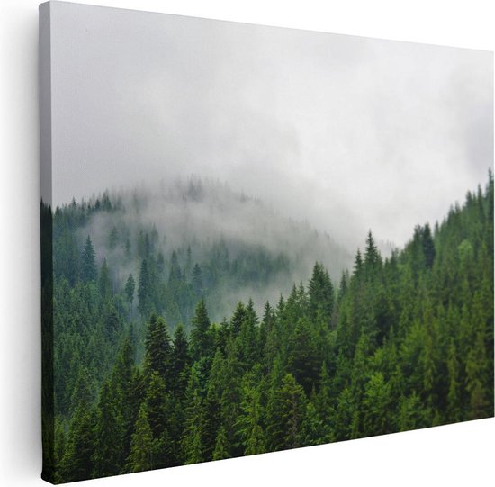 Artaza Canvas Schilderij Groen Bos Met Bomen Tijdens De Mist - 80x60 - Foto Op Canvas - Canvas Print