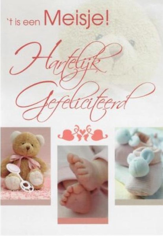 ‘T is een meisje! Hartelijk gefeliciteerd! Een luxe wenskaart met een afbeelding van een beertje, babyvoetjes en sokjes. Een dubbele wenskaart…