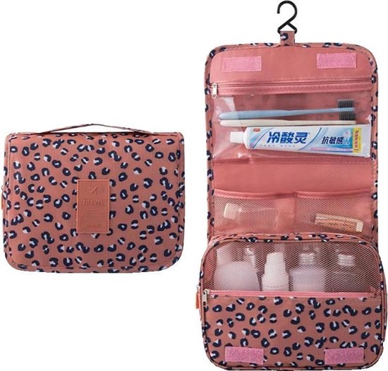 Fako Fashion® - Reis Toilettas Met Ophang Haak - Travel Bag - Organizer Voor Toiletartikelen - Reisartikelen - Travel Bag - Ophangbare Toilettas - Luipaard Roze
