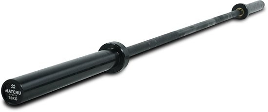 Zwarte Matchu Sports olympische halterstang, 20kg, met gouden ringen.