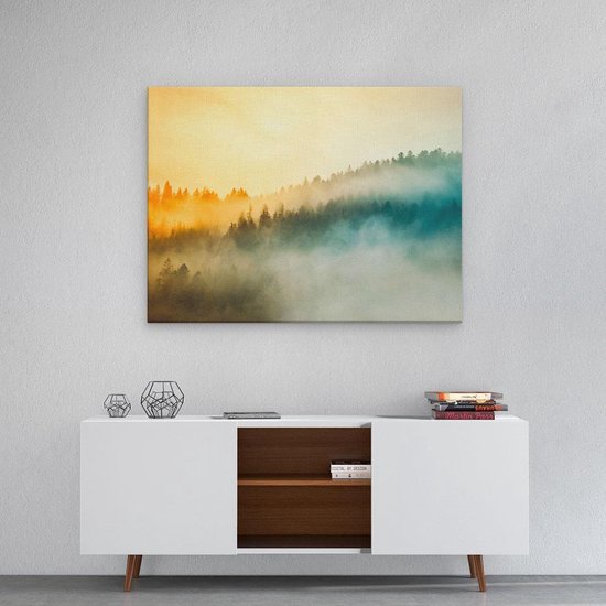 Artaza - Peinture sur toile - Lever de soleil coloré dans la forêt avec brouillard - 80x60 - Photo sur toile - Impression sur toile