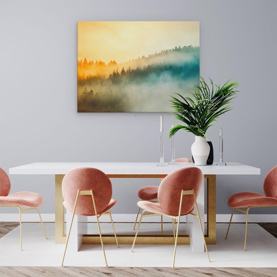 Artaza - Peinture sur toile - Lever de soleil coloré dans la forêt avec brouillard - 80x60 - Photo sur toile - Impression sur toile