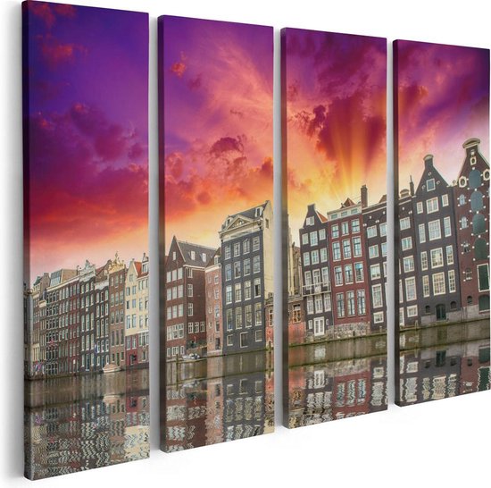 Artaza Canvas Schilderij Vierluik Amsterdamse Huisjes Bij Het Kanaal - Kleur - 80x60 - Foto Op Canvas - Canvas Print