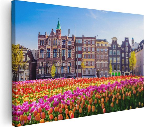 Artaza Canvas Schilderij Amsterdamse Huisjes Met Tulpen - Kleur - 60x40 - Foto Op Canvas - Canvas Print