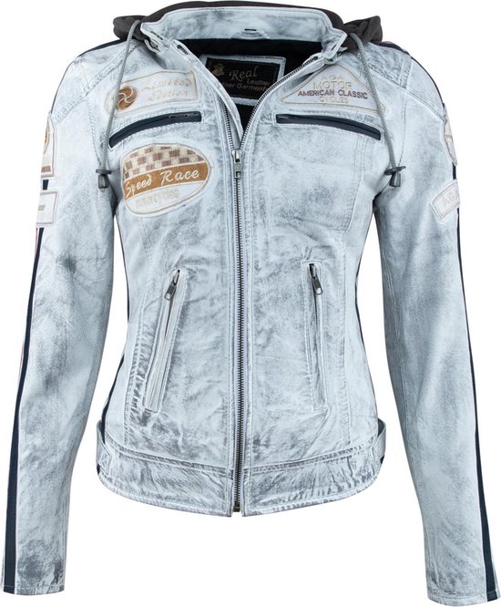 Urban 5884® - 66 - Dames jas - Biker jack - Lams leren jas - Afneembare Hoodie - Craft Grijs -Maat L