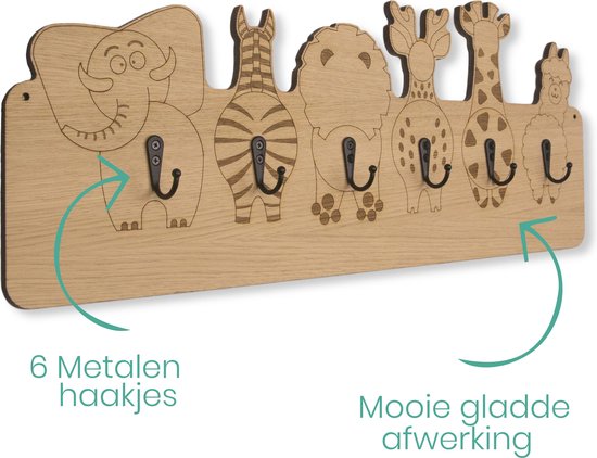 Jooba® Kinderkapstok - 5 metalen haken - Kapstok met Dieren