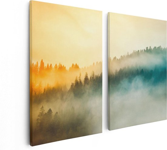 Artaza - Peinture sur toile Diptyque - Lever de soleil coloré dans la forêt avec brouillard - 80x60 - Photo sur toile - Impression sur toile