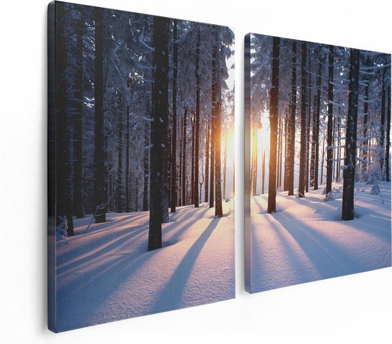 Artaza Canvas Schilderij Tweeluik Bos Met Sneeuw Tijdens De Zonsondergang - 120x80 - Foto Op Canvas - Canvas Print