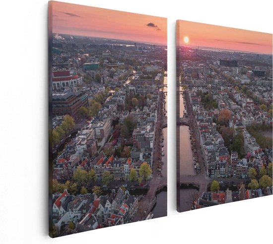 Artaza Canvas Schilderij Tweeluik Bovenaanzicht Amsterdam Met Zonsondergang - 80x60 - Foto Op Canvas - Canvas Print