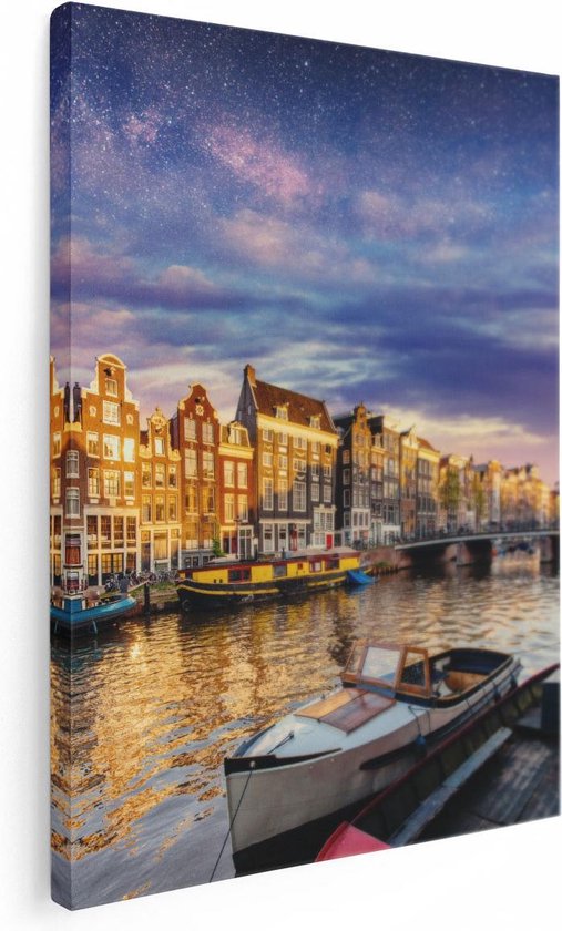 Artaza Canvas Schilderij Amsterdamse Gracht In De Nacht Met Sterren - 30x40 - Klein - Foto Op Canvas - Canvas Print