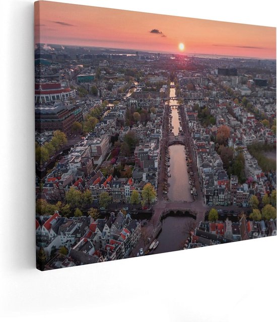 Artaza Canvas Schilderij Bovenaanzicht Amsterdam Met Zonsondergang - 100x80 - Groot - Foto Op Canvas - Canvas Print