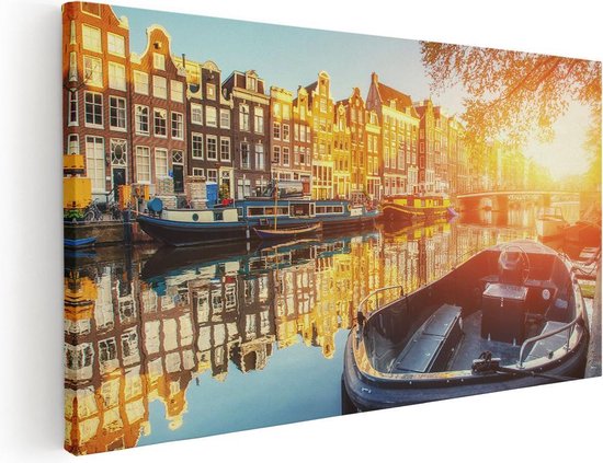 Artaza - Peinture sur toile - Pont d'Amsterdam - Canal - Avec des Fleurs - 60x30 - Photo sur toile - Impression sur toile
