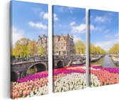 Artaza Canvas Schilderij Drieluik Amsterdamse Huisjes Aan De Grachten  - 120x80 - Foto Op Canvas - Canvas Print