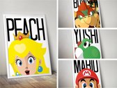 Posters Kinderkamer A4 - Mario - Bowser - Peach - Yoshi - 4 Stuks