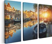 Artaza Canvas Schilderij Drieluik Amsterdamse Gracht Bij Zonsondergang - 120x80 - Foto Op Canvas - Canvas Print