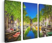Artaza Canvas Schilderij Drieluik Amsterdamse Gracht In De Nacht - 120x80 - Foto Op Canvas - Canvas Print