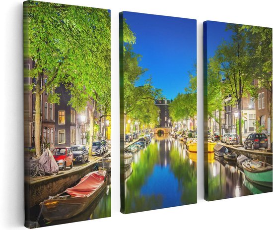 Artaza Canvas Schilderij Drieluik Amsterdamse Gracht In De Nacht - 120x80 - Foto Op Canvas - Canvas Print