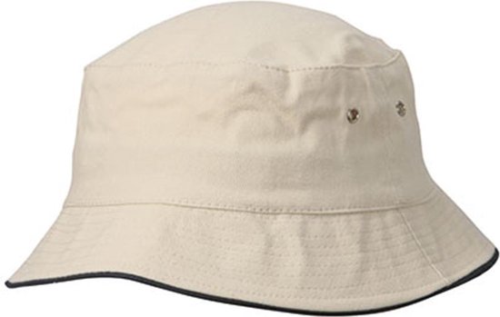 Vissershoedje zandkleur met navy blue randje | bucket hat | zonnehoedje van katoen | S/M