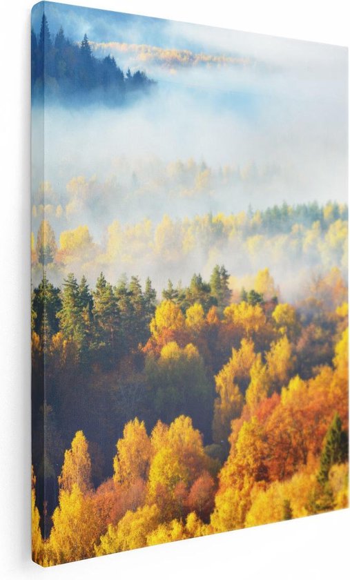 Artaza Canvas Schilderij Gekleurde Herfstbos Met Mist - 30x40 - Klein - Foto Op Canvas - Canvas Print