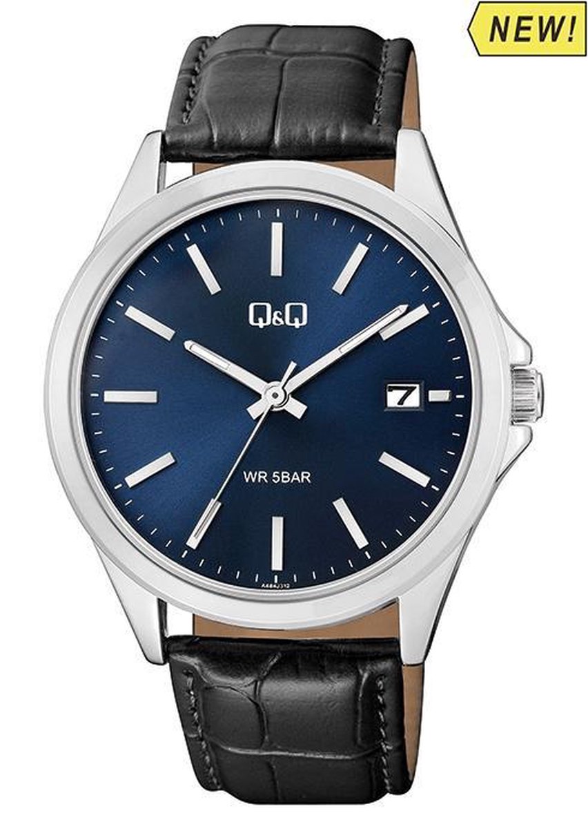 Q&Q A484J312Y - Horloge - Polshorloge - Analoog - Mannen - Heren - Leren band - Rond - Metaal - Streepjes - Datumaanduiding - Zwart - Zilverkleurig - DonkerBlauw