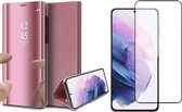 Samsung Galaxy S21 FE Hoesje - Book Case Spiegel Wallet Cover Hoes Roségoud - Full Tempered Glass Screenprotector