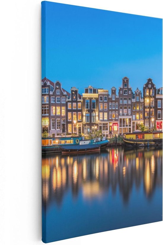 Artaza Canvas Schilderij Amsterdamse Huisjes In De Avond Met Lichten - 20x30 - Klein - Foto Op Canvas - Canvas Print