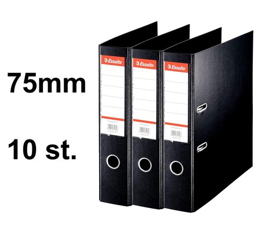 Drie zwarte Esselte ordners, elk met een rug van 75mm. De tekst '75mm 10 st.' staat links.