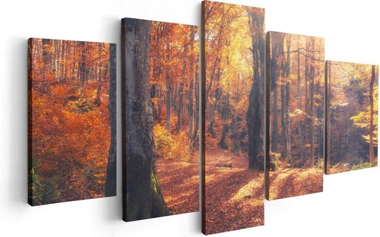 Artaza Toile Peinture Pentaptyque Oranje Automne Forêt Avec Soleil - 100x50 - Photo Sur Toile - Impression Sur Toile